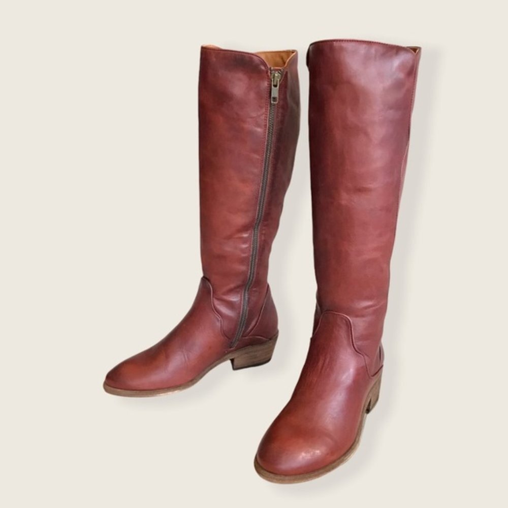 $429 Frye Carson Piping Redwood Mahogany Brown Real Leather Tall Riding Boot - Picture 11 of 13